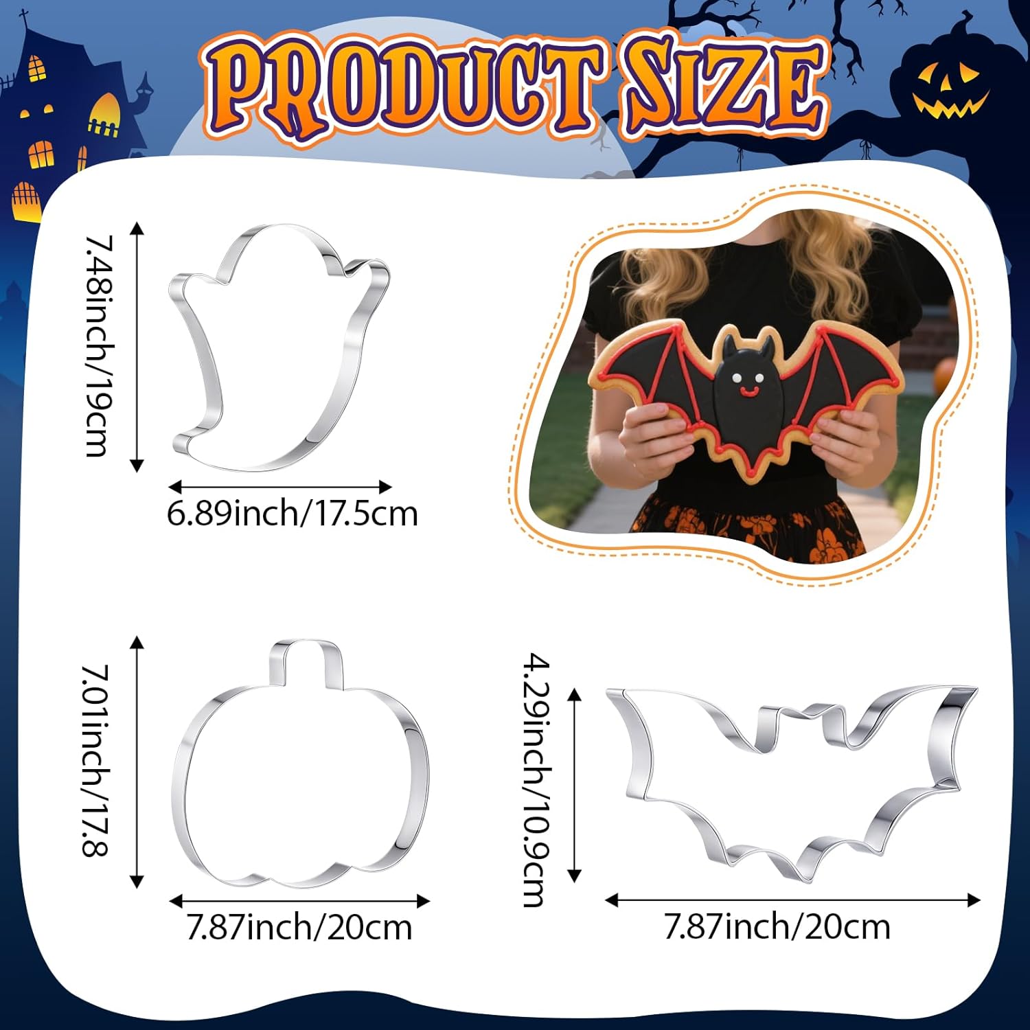 3 Pcs Large Halloween Cookie Cutters Set 7.5 Inch Extra Large Pumpkin Bat Ghost Shapes Stainless Steel Metal Giant Cookie Cutters Molds for Halloween Day Baking Party Kitchen Accessories