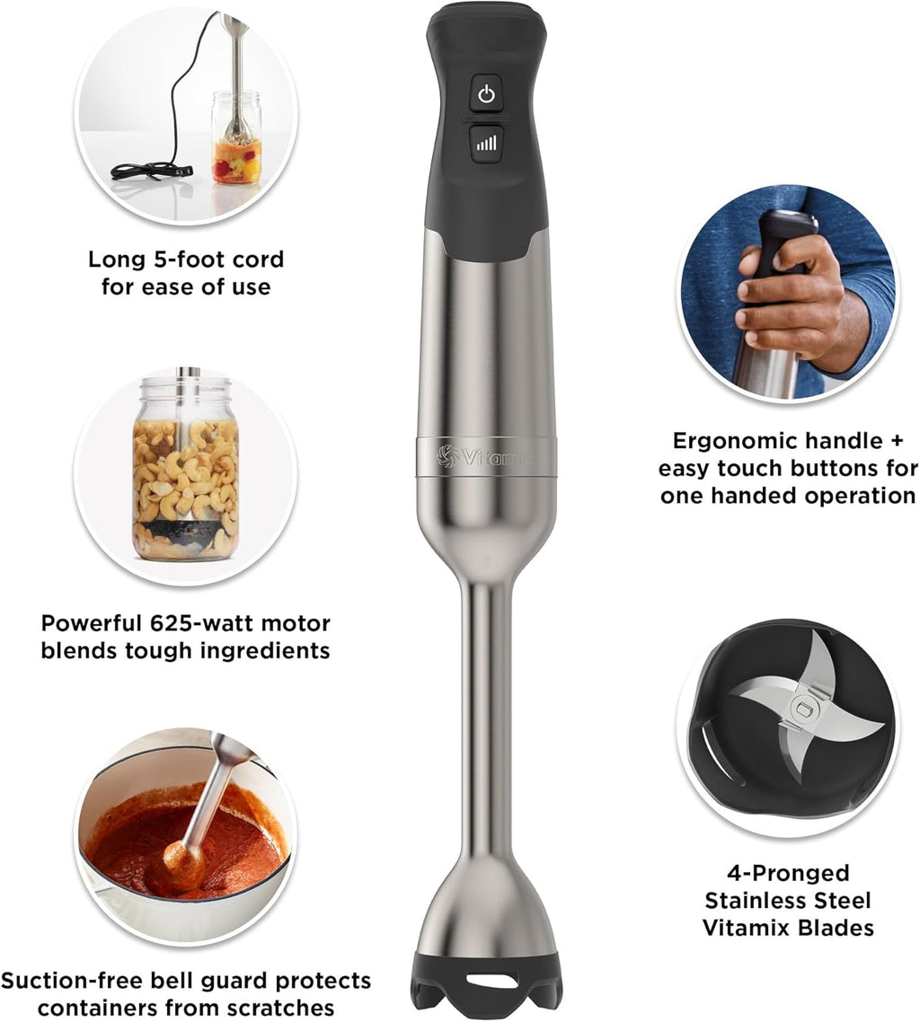 Vitamix 5-Speed Immersion Blender 3-Piece Bundle, 625-Watt Motor, One-Handed Operation, 5 ft cord, includes Whisk Attachment & Storage Case, Stainless Steel/Black