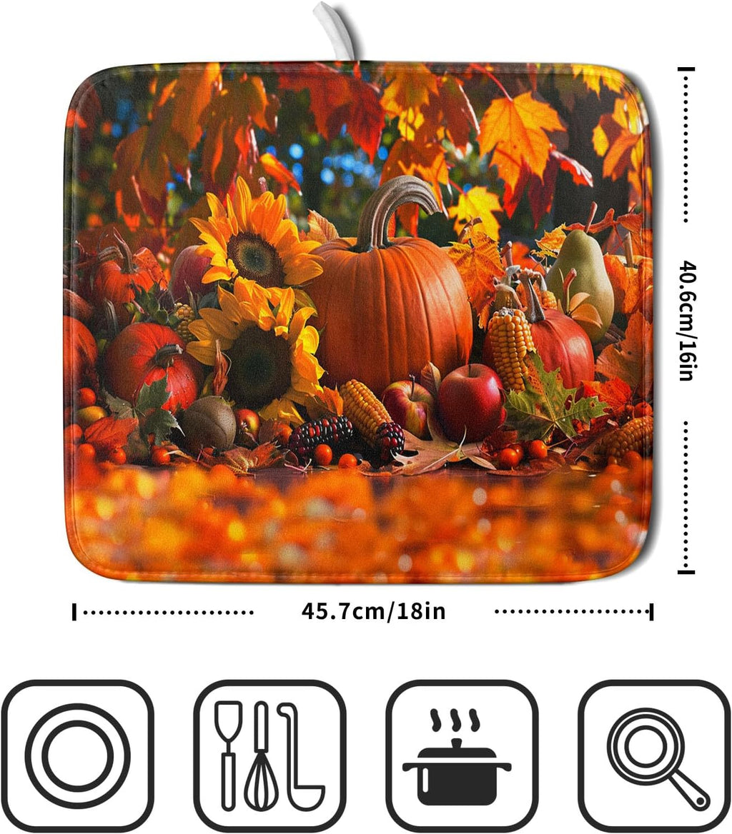 Fall Harvest Pumpkin Dish Drying Mat for Kitchen Counter,Thanksgiving Maple Leaves Sunflower Drying Mat 16 x 18 Inch with Absorbent Reversible Microfiber Dish Drying Pad for Coffee Bar