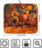 Fall Harvest Pumpkin Dish Drying Mat for Kitchen Counter,Thanksgiving Maple Leaves Sunflower Drying Mat 16 x 18 Inch with Absorbent Reversible Microfiber Dish Drying Pad for Coffee Bar