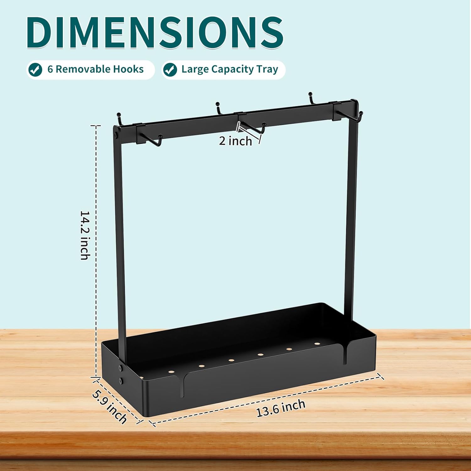 Coffee Mug Holder with Movable Hooks, 6-Mug Capacity Countertop Coffee Cup Rack with Storage Base