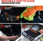 Oven Liners for Bottom of Oven Black (4-pack) Bundled with Rack Shield (4-pack) - Large Mat for Bottom of Range (17"x 25") and 14" Orange Stove Guards for Racks - Reusable & Heat Resistant