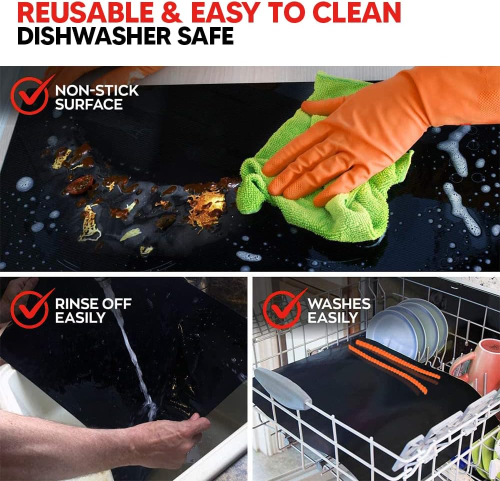 Oven Liners for Bottom of Oven Black (4-pack) Bundled with Rack Shield (4-pack) - Large Mat for Bottom of Range (17"x 25") and 14" Orange Stove Guards for Racks - Reusable & Heat Resistant