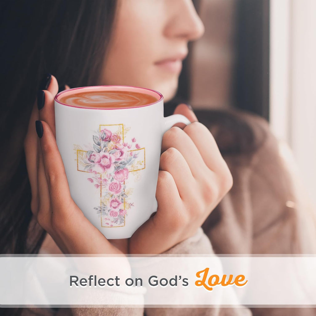 Christian Art Gifts Encouraging Ceramic Coffee & Tea Mug for Women: Rosy Pink Floral Cross, Microwave & Dishwasher Safe Cup, Cute Lead-free Inspirational Encouraging Novelty Drinkware, White, 12 oz.