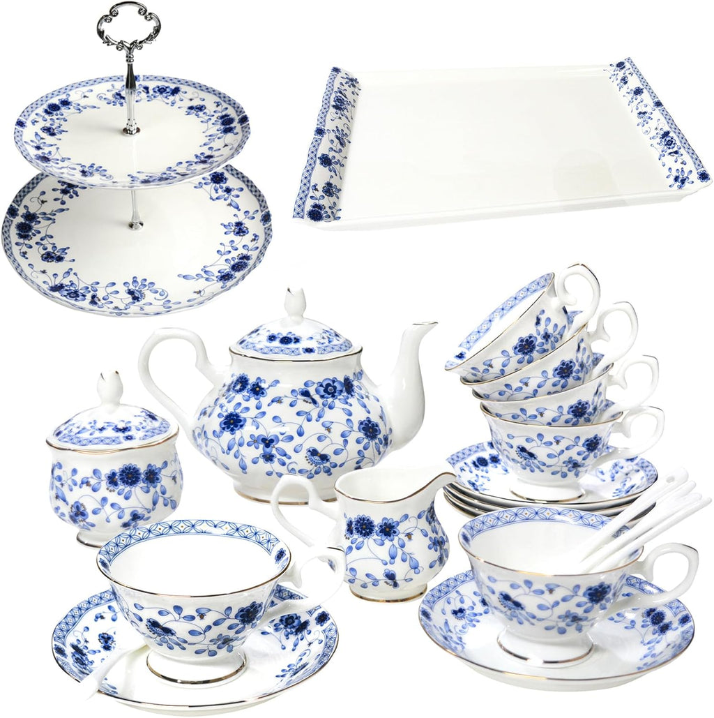 Bone China Tea Set with 2-Tier Afternoon Tea Stand and Serving Trays