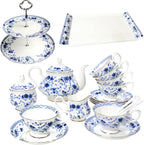 Bone China Tea Set with 2-Tier Afternoon Tea Stand and Serving Trays