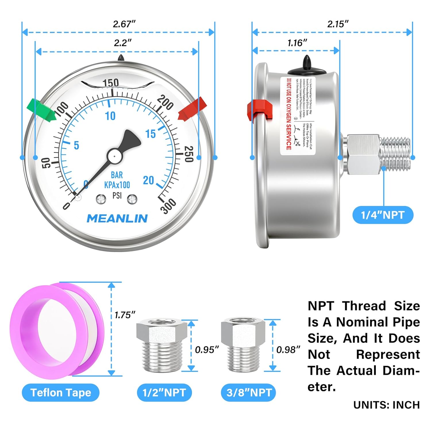 MEANLIN MEASURE 0~300Psi Stainless Steel Liquid Filled Pressure Gauge 2.5" FACE DIAL 1/4" NPT for Air Compressor Air Regulator Water Filter Back Mount with Stainless Steel Hex Bushing and Snaps