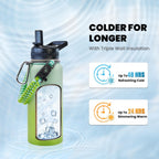 Insulated Water Bottle 32 oz, Triple Wall Vacuum Stainless Steel (Cold for 48 Hrs), Leak Proof & Non-BPA, Modern Water Flask Jug with Paracord Handle & Straw Spout Lids, Ombre Green
