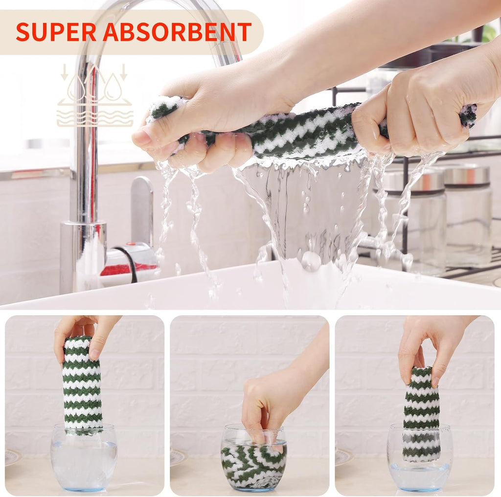 Homaxy Kitchen Towels(24 Pack, 10 x 20 inches), Ultra Soft and Absorbent Dish Towels, Reusable Fast Drying Microfiber Cleaning Cloth, Coral Velvet Wave Design No-lint, Grass Green