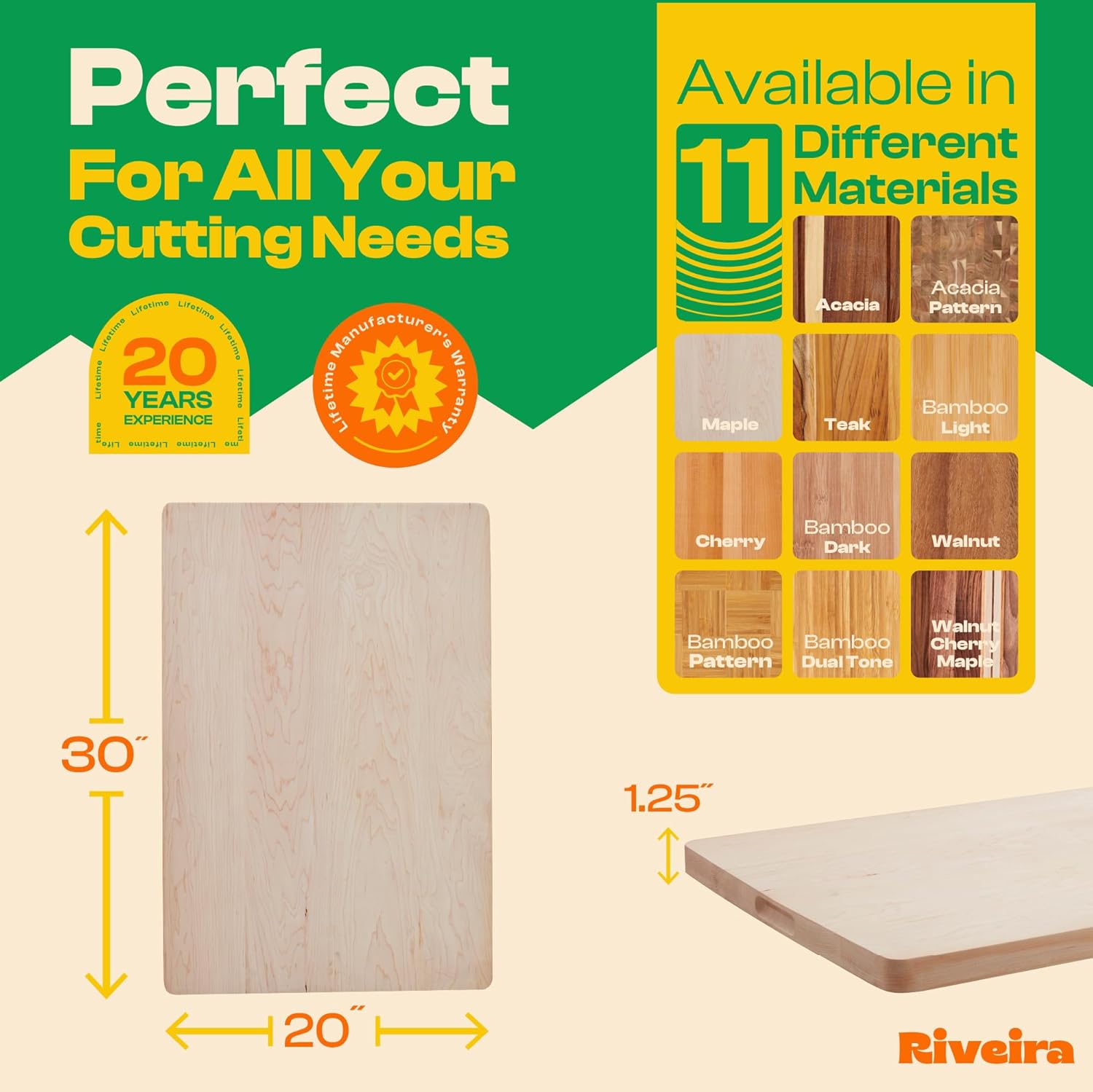 Riveira Maple Wood Cutting Board – Gourmet Maple Grandeur: 20 x 30 Wooden Cutting Board – Natural Wooden Cutting Boards For Kitchen Decorative – Innovative Juice Grooves Maple Wooden Chopping Board