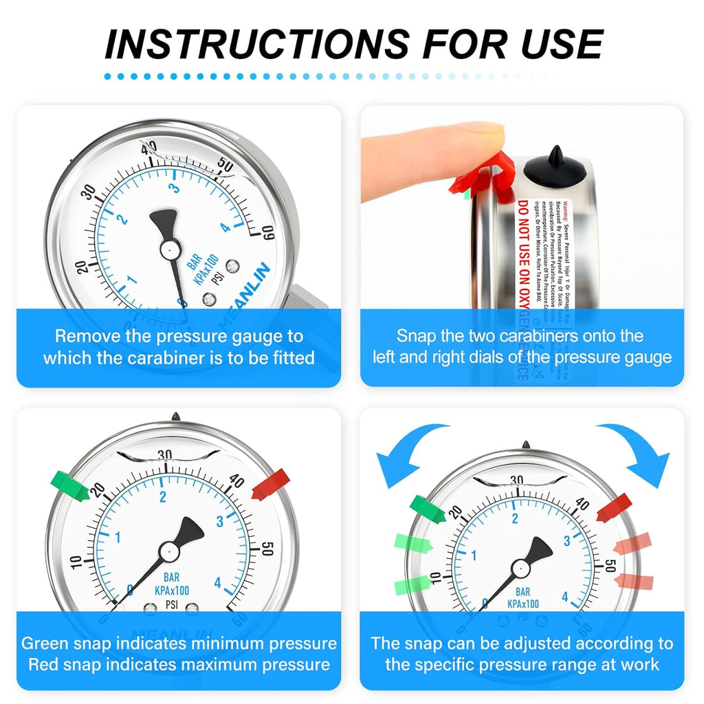 MEANLIN MEASURE 0~60Psi Stainless Steel Liquid Filled Pressure Gauge 2.5" FACE DIAL 1/4" NPT for Pool Filter Pump Water Oil Air Compressor Lower Mount with Stainless Steel Hex Bushing and Snaps