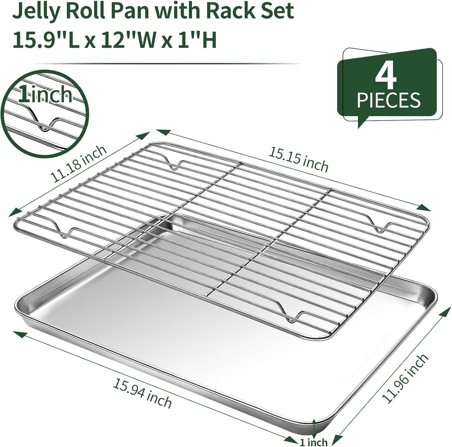 CEKEE Baking Sheet and Cooling Rack Set (2 Baking Pans + 2 Baking Racks), Stainless Steel Cookie Sheet Baking Pan Tray for Toaster Oven, Non Toxic & Heavy Duty & Easy Clean, Size 16 x 12 x 1 Inches