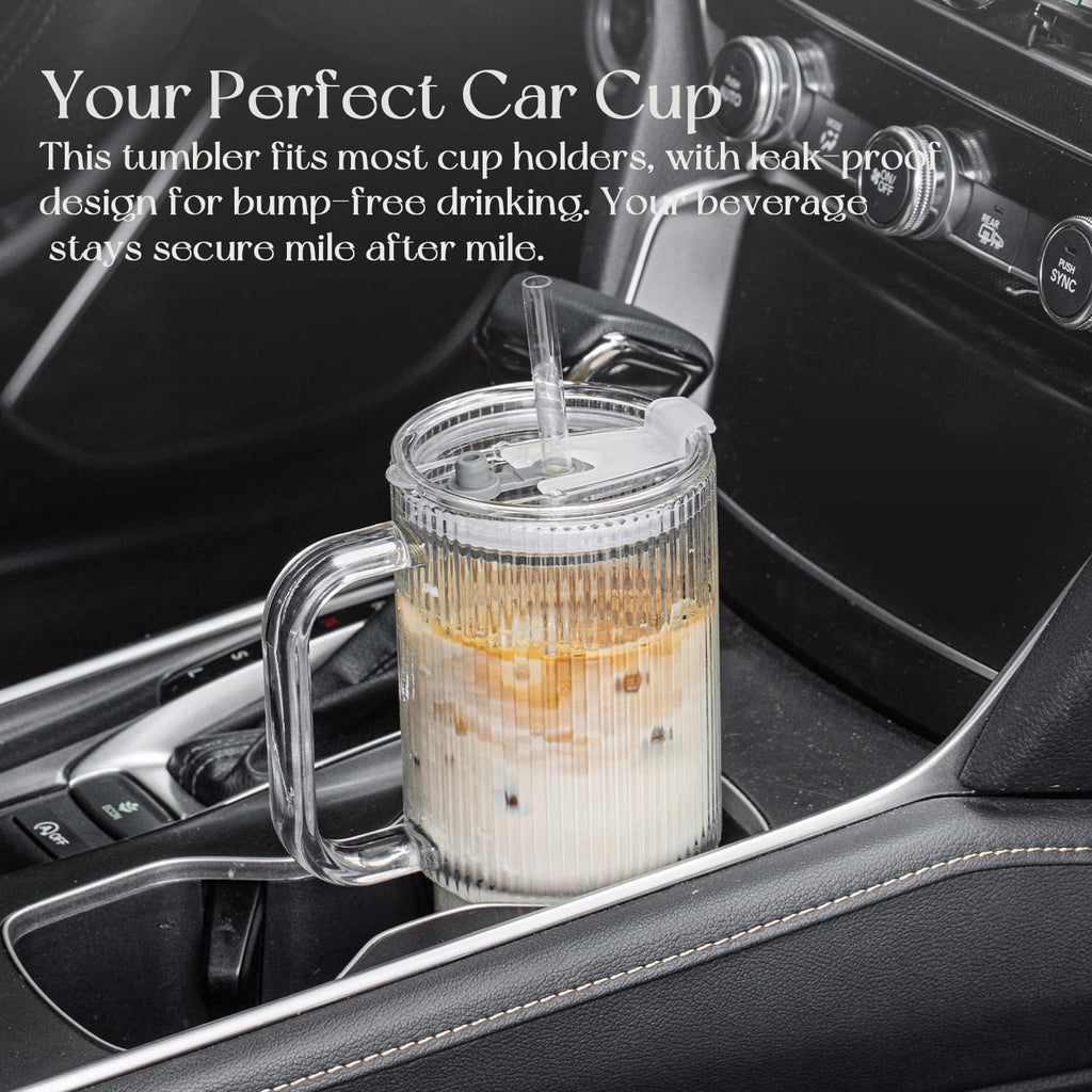 Large 26oz Clear Glass Mug with Handle and Sliding Lid – Aesthetic Ribbed Tumbler for Iced Coffee, Tea, Smoothies & Hot Drinks – Reusable Travel Cup with Straw, Dishwasher Safe (Ribbed Tumbler)
