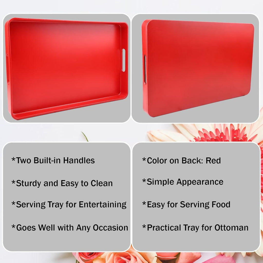 Red Decorative Serving Tray with Handles, Plastic Coffee Table Tray for Outdoor Patio, Living Room, Ottoman, Bathroom Counter, 10.2”*15.7”*1.4”