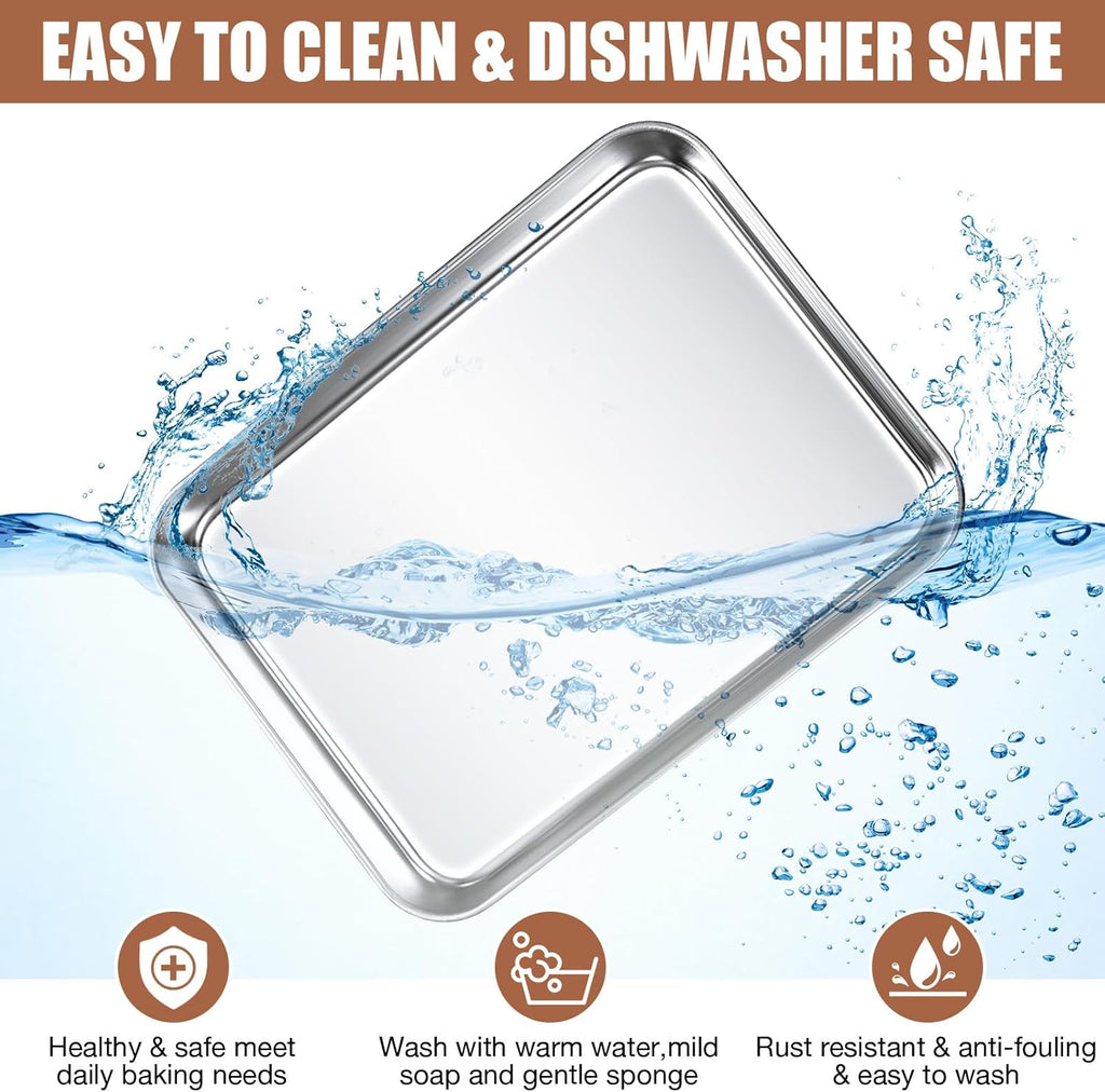 3 Pcs Baking Sheet Pan Set 9 x 6.7 x 1 Inches Cookie Sheet Small Toaster Oven Stainless Steel Tray Barbecue Grill Rectangle Trays, Non-stick, Easy Clean