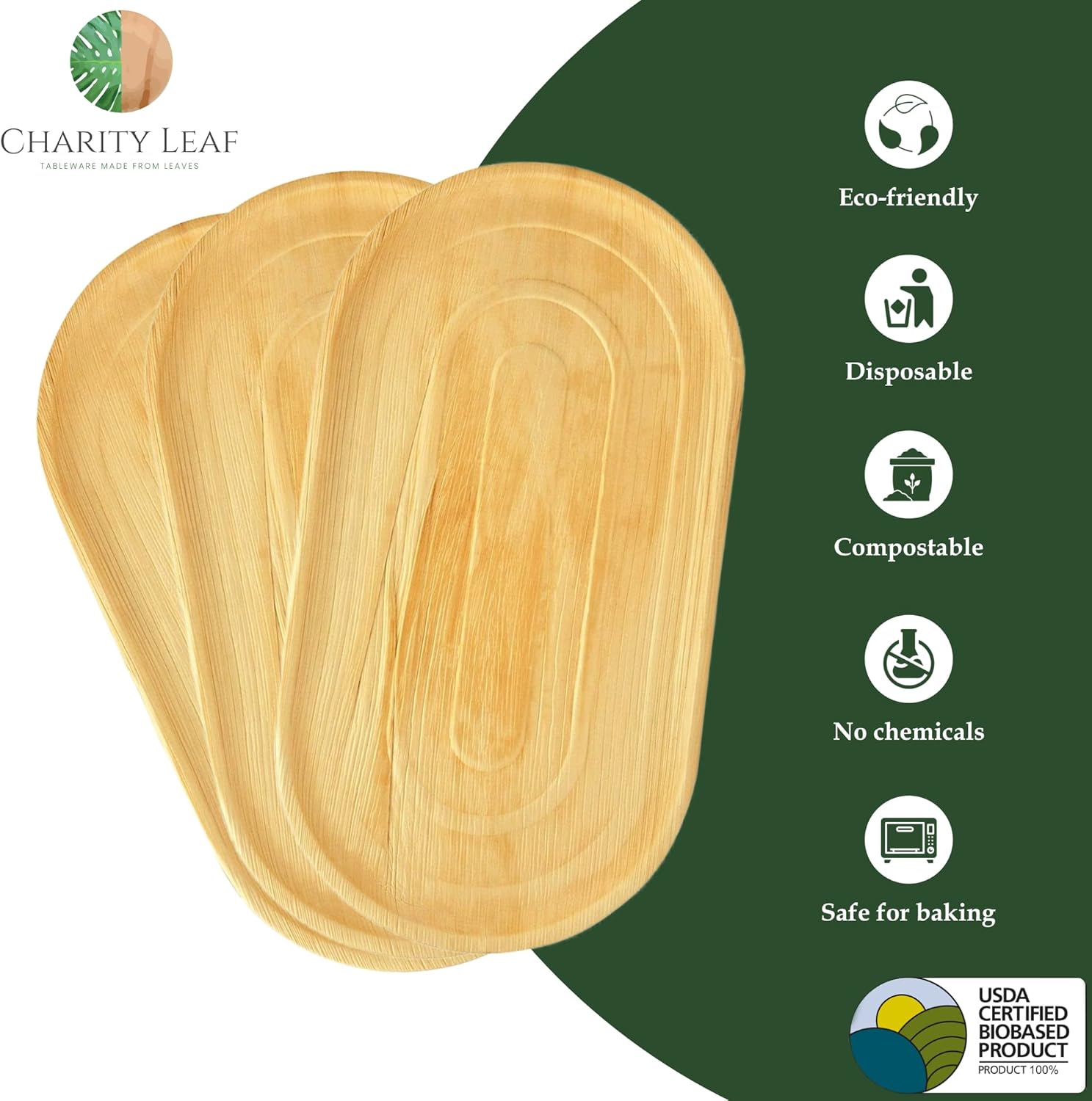 Charity Leaf 10-Pack 22"x12" Palm Leaf Trays | Eco-Friendly, Compostable Platters for Weddings, Charcuterie Boards & Events