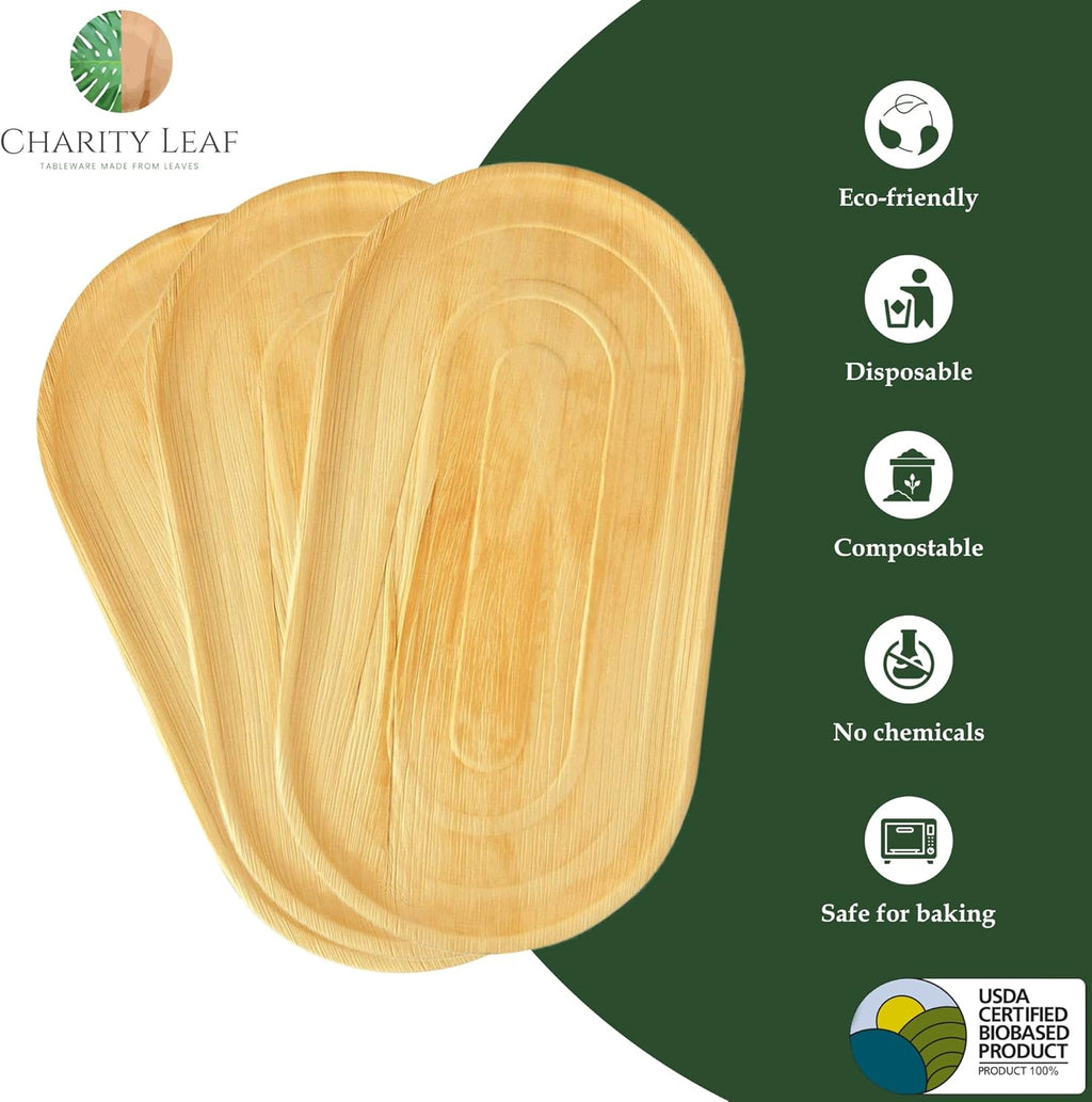 Charity Leaf Disposable Palm Leaf 22" x 12" Trays (25 pieces) Bamboo Like Serving Platters, Disposable Boards, Eco-Friendly Dinnerware For Weddings, Catering, Events
