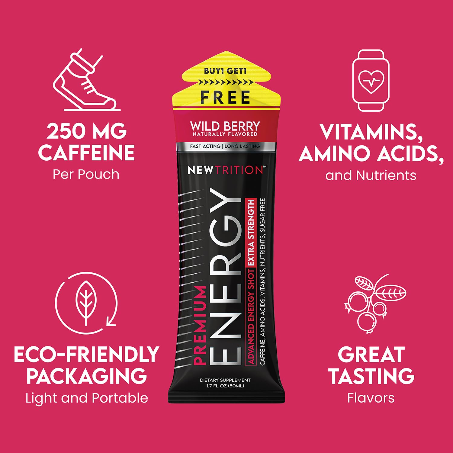 NewTrition® Extra Strength Energy Shots, 250mg Caffeine Energy Shots with Vitamin B & Amino Acids, Sugar-Free Vitamin Energy Shot, 1.7 fl oz (Pack of 6, Wild Berry)