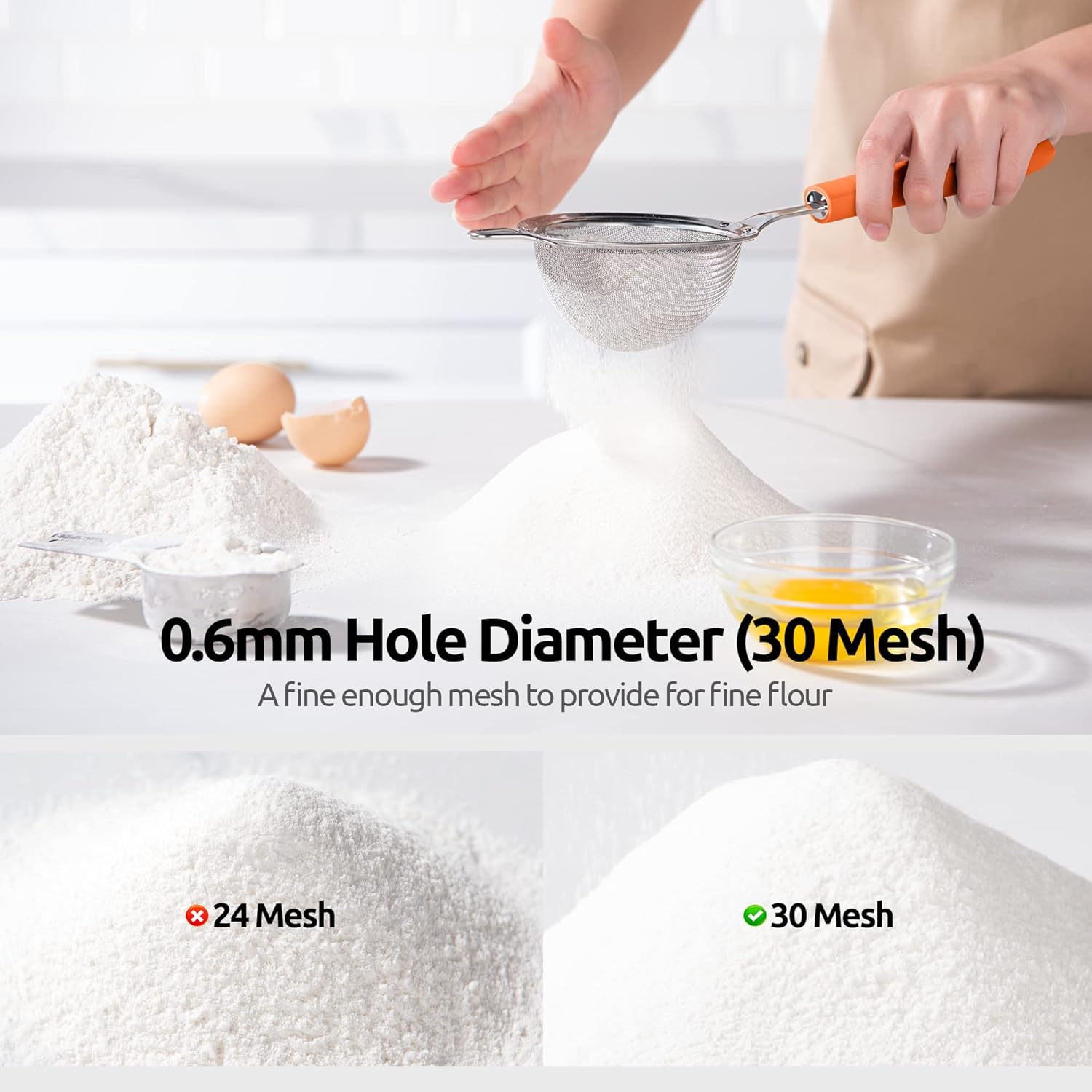 18/8 Stainless Steel Mesh Strainer: U-Taste 3.9 Inch Kitchen Fine Mesh Sieve Food Colander with Riveted Sturdy Silicone Handle and 30 Mesh Hole for Straining Flour, Quinoa, Tea, Juice (Orange)