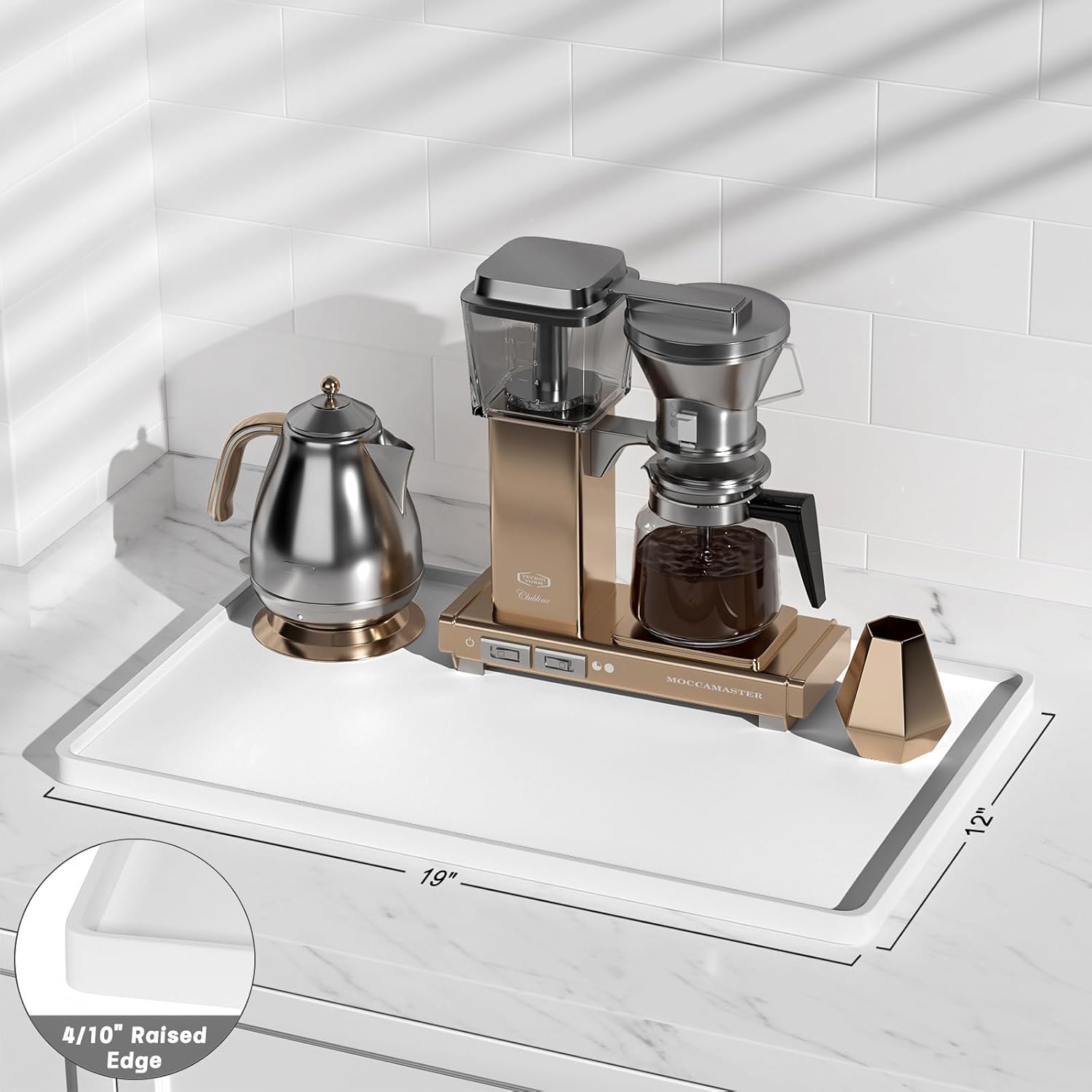 Rnivvi Silicone Coffee Mat, 12" x 19" Waterproof Raised Edge Coffee Bar Mats for Espresso Machine Station Accessories, Heat Resistant Dish Drying Pad for Kitchen Counter, Rubber Bar Decor Pad, White