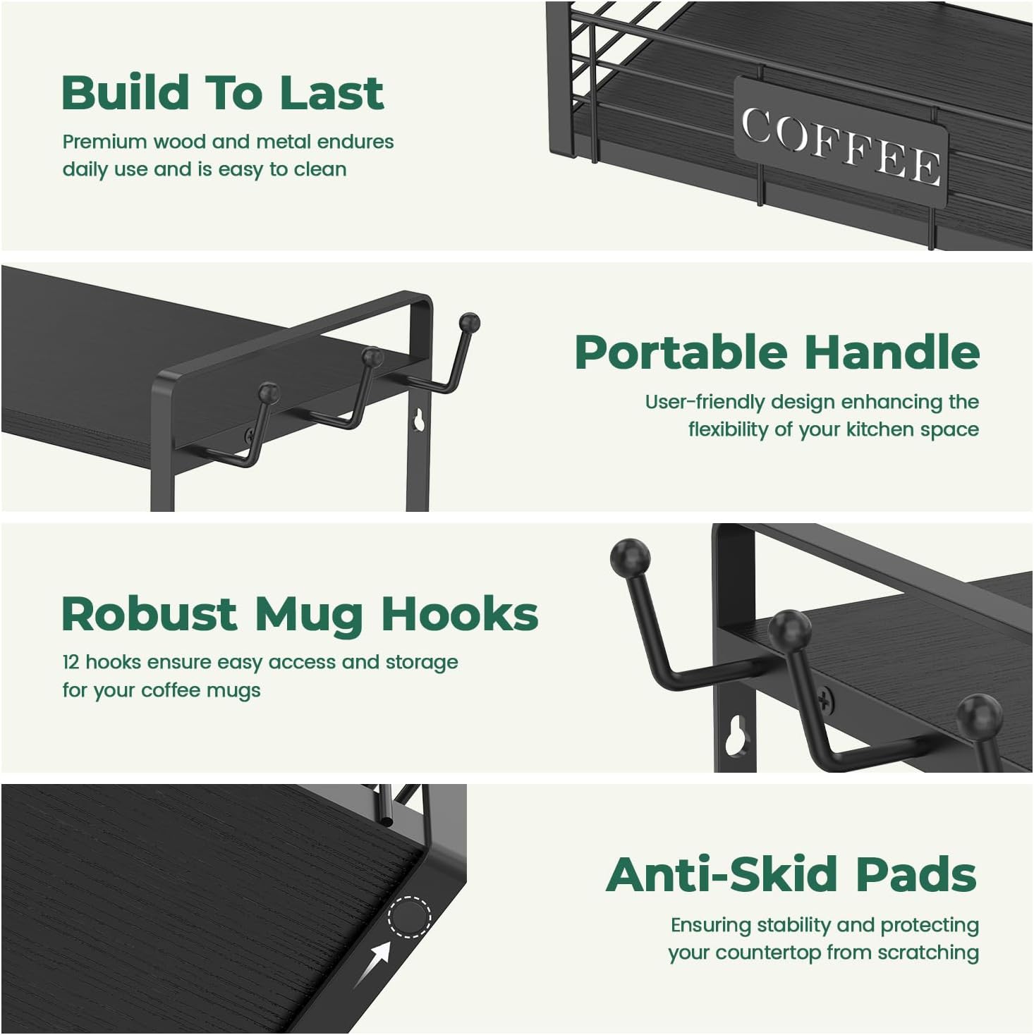 EsLuker.ly Coffee Mug Cup Holder Stand Bar Station Organizer for Countertop, Multi-Functional 2 Tier Mug Tree Rack for Kitchen, Storage Shelf with 12 Hooks, Black(Patented Design)