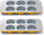 Caraway Nonstick Ceramic 6 Cup Muffin Pan Duo – Non-Toxic, PTFE & PFOA Free – Oven Safe – Aluminized Steel Core – Small Muffin Pan for Baking Cupcakes, Muffins & More - Marigold