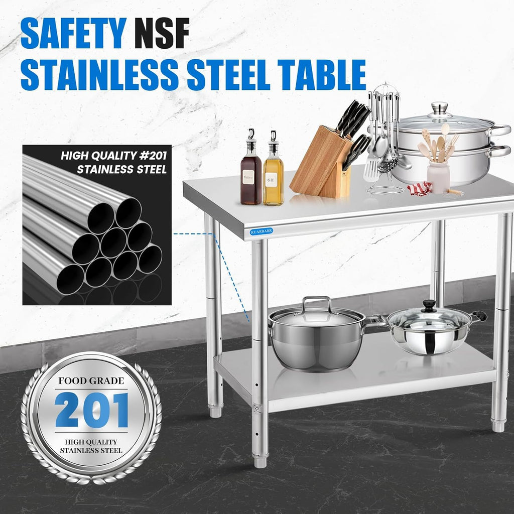 Stainless Steel Table for Prep & Work with Undershelf 30 x 36 Inches NSF Metal Commercial Kitchen Adjustable Under Shelf Worktable for Restaurant Home Outdoor