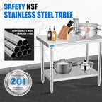 Stainless Steel Table for Prep & Work with Undershelf 30 x 36 Inches NSF Metal Commercial Kitchen Adjustable Under Shelf Worktable for Restaurant Home Outdoor