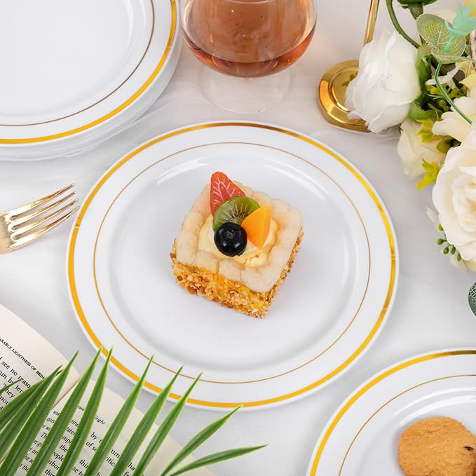 WELLIFE 144Pcs Gold Dessert Plates, 7.5 Inch Plastic Appetizer plates, Heavy Duty plastic Party Plates, White and Gold Plastic plate for Party and Wedding