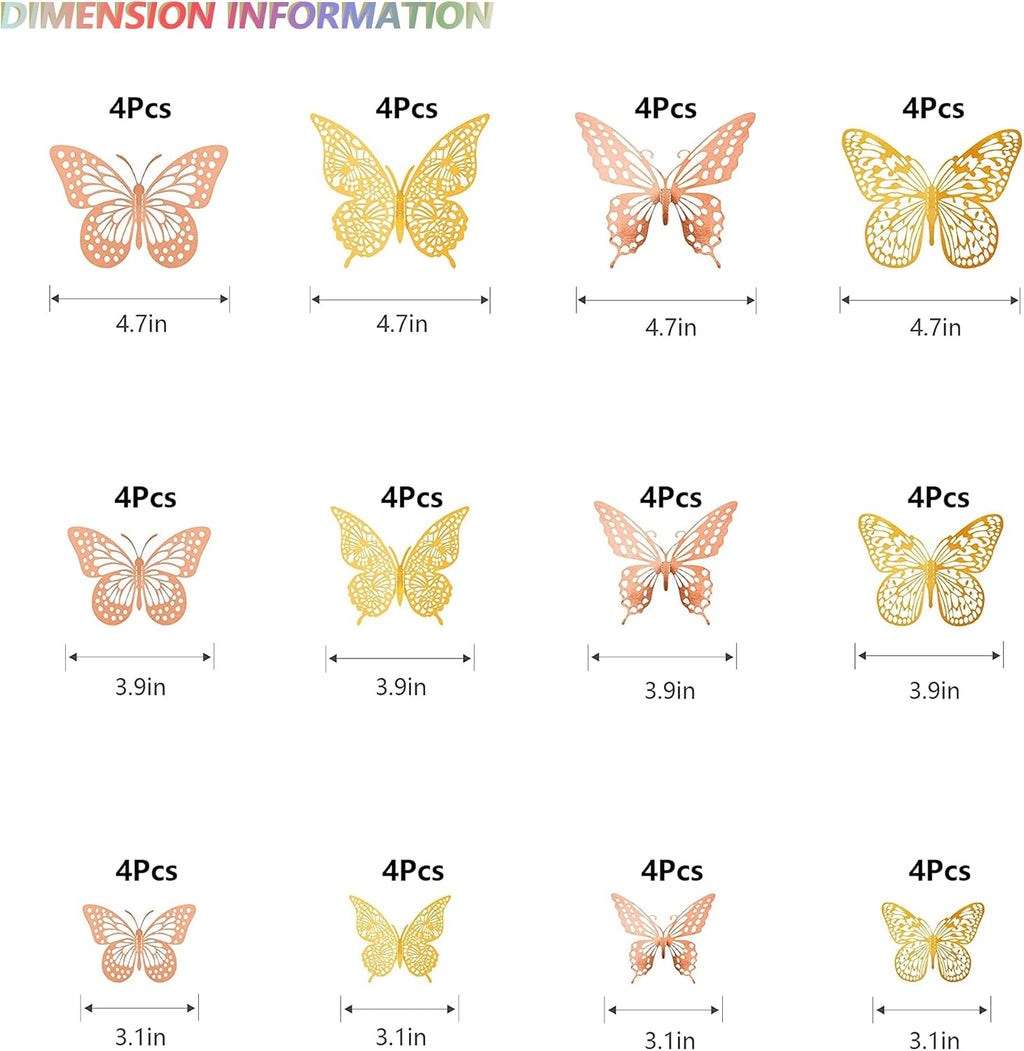 SAOROPEB 3D Butterfly Wall Decor, 48 Pcs 4 Styles 2 Color 3 Sizes, Removable Metallic Wall Sticker Room Mural Decals for Kids Bedroom Nursery Classroom Party Decoration (2 Color)