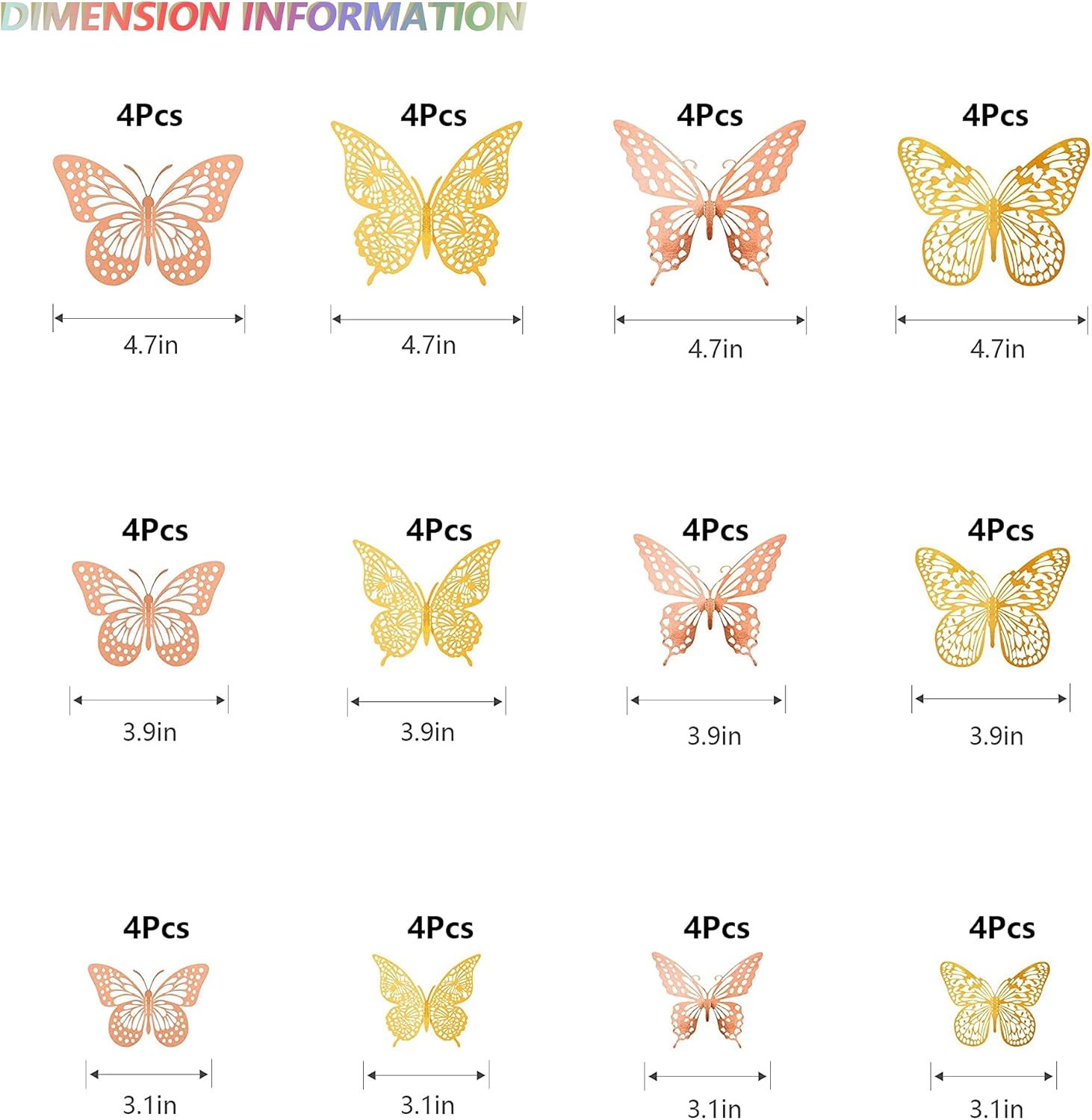 SAOROPEB 3D Butterfly Wall Decor, 48 Pcs 4 Styles 2 Color 3 Sizes, Removable Metallic Wall Sticker Room Mural Decals for Kids Bedroom Nursery Classroom Party Decoration (2 Color)