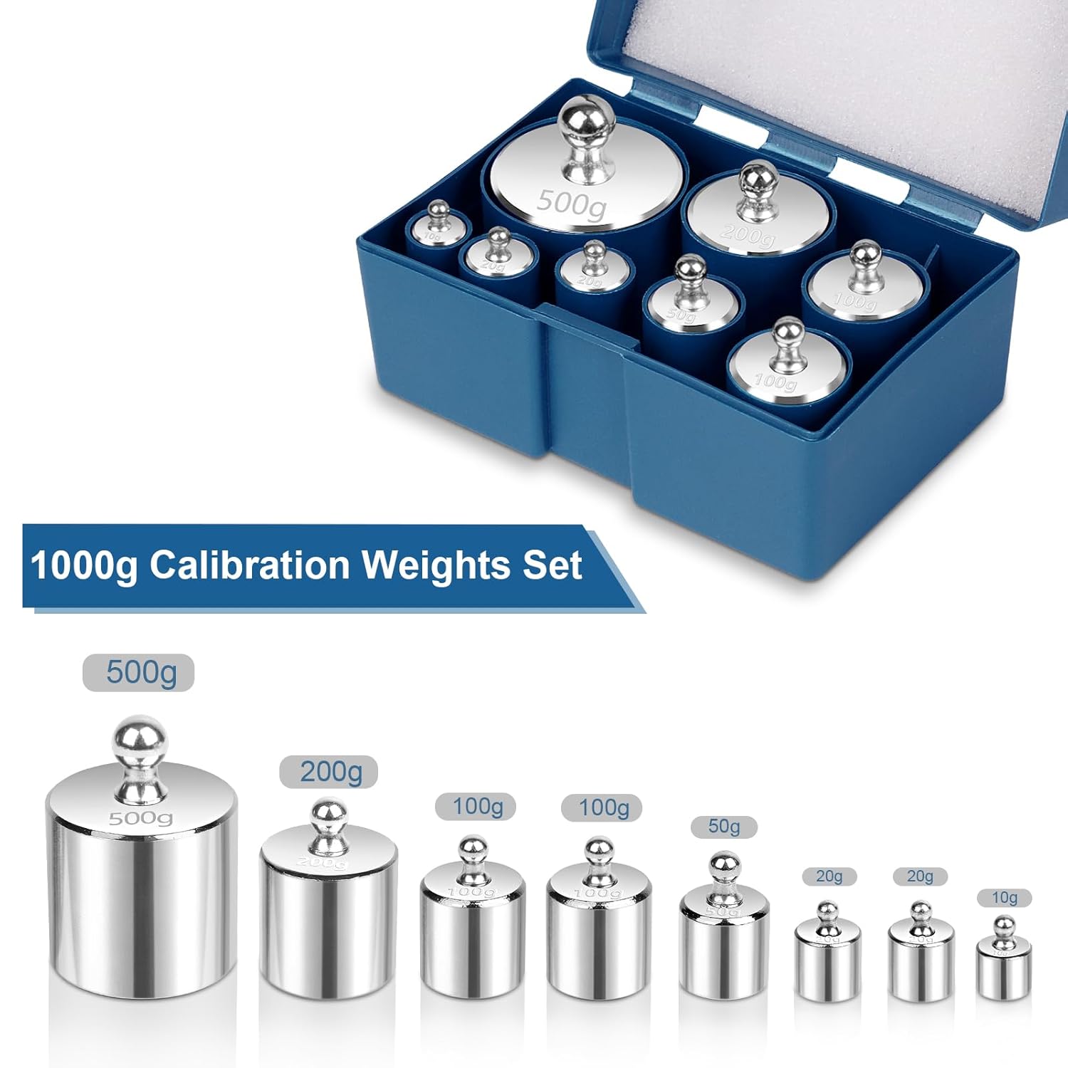 QP Calibration Weights 1000g, 8PCS OIML Class M1 High Precision Scale Calibration Weight Set, 10g 20g 50g 100g 200g 500g Calibration Weight with Tweezers for Digital Scale, Gram Scale, Lab Scale