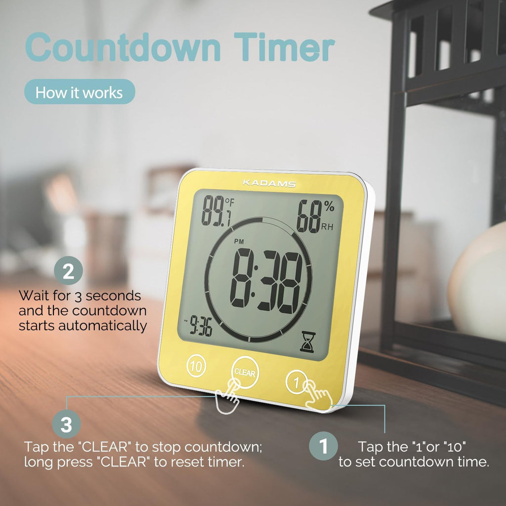 KADAMS Shower Clock Waterproof Bathroom Timer – Digital Wall Clock with Countdown, Magnetic Kitchen Clock with Temperature & Humidity, Suction Cup for Kids Shower Spa Sauna Cook Bath (Yellow)