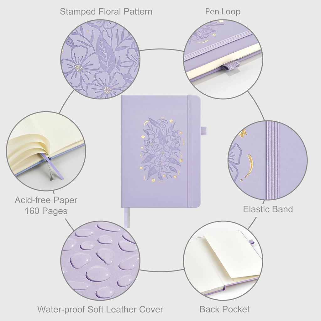 &And Per Se Dotted Journal Notebook for Women&Men with Pattern, A5 Leather Hardcover, 160 Pages 100GSM Thick Dotted Paper, 3 Sheets of Stickers Included(Lavender)