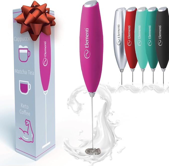 Elementi Pink Milk Frother Wand - Electric Handheld Matcha Whisk - Hand Frother for Coffee & Frappe Maker - Coffee Mixer - Electric Drink Stirrer - Hand Held Blender Stick & Mini Mixer (Hot Pink)