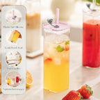 6PCS Pink Square Drinking Glass Cups, 17 Oz Modern Glassware with Lids & Straws - Old Fashioned Cocktail Glasses for Juice, Iced Coffee, Bubble Tea, Party Drinkware