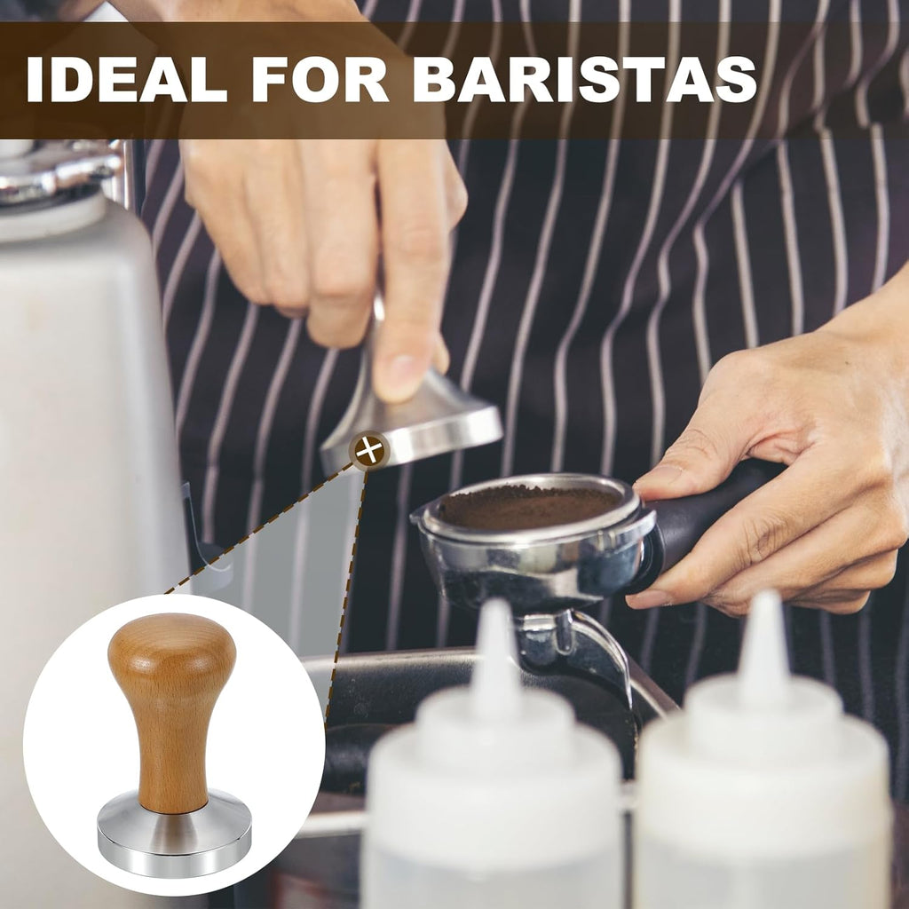 uxcell 58mm Coffee Tamper, Stainless Steel Espresso Press Tamper, Espresso Tamper with Wooden Handle Suitable for Coffee Shop, Restaurant Bar, Bakery (Light Brown)