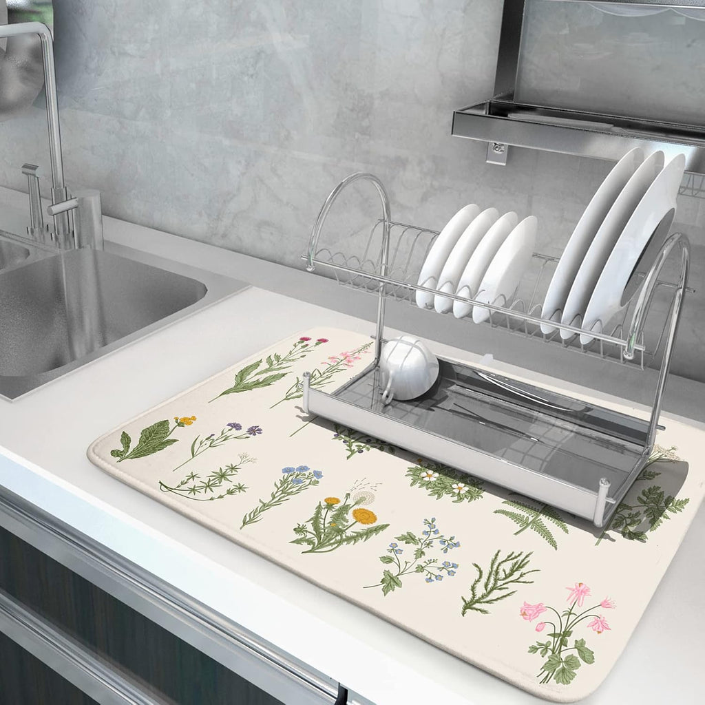 Sage Flower Herbs Dish Drying Mat For Kitchen Counter 16x18 In Green Leaves Microfiber Absorbent Dishes Pad Wild Plant Herbs Drying Pad Dish Drainer Rack Absorbent Fast Dry Kitchen Accessories