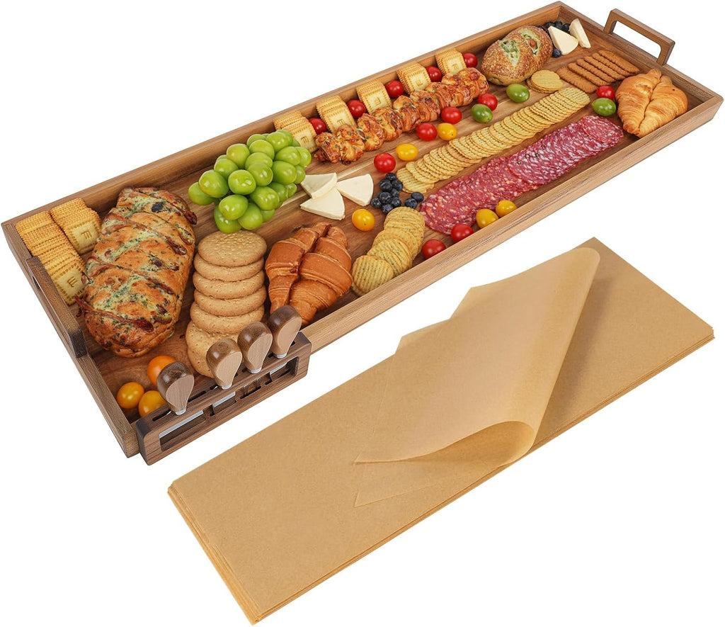 Large Charcuterie Board with Cheese Knife Set,36 x 12 Inch Acacia Wood Large Serving Tray with Handles,Long Wooden Serving Board with 30Pcs Wax Paper,3ft Extra Long Cheese Board