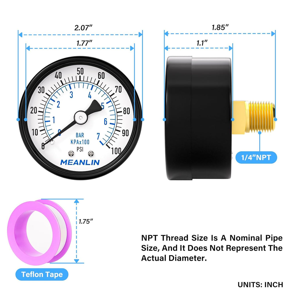MEANLIN MEASURE 0-100Psi Well Pump Pressure Gauge 1/4" NPT 2" FACE DIAL for Well Pump Water Tire Water Pressure Tester Back Mount, with Teflon Tape
