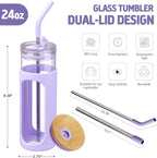 Kodrine 24oz Glass Tumbler with 2 Lids and Straws, Glass Cup With Bamboo Lid and On-the-go Lid, Reusable Iced Coffee Cup, Ideal for Smoothie, Cold Drinks, Fit Cup Holder, BPA Free (1, Purple)