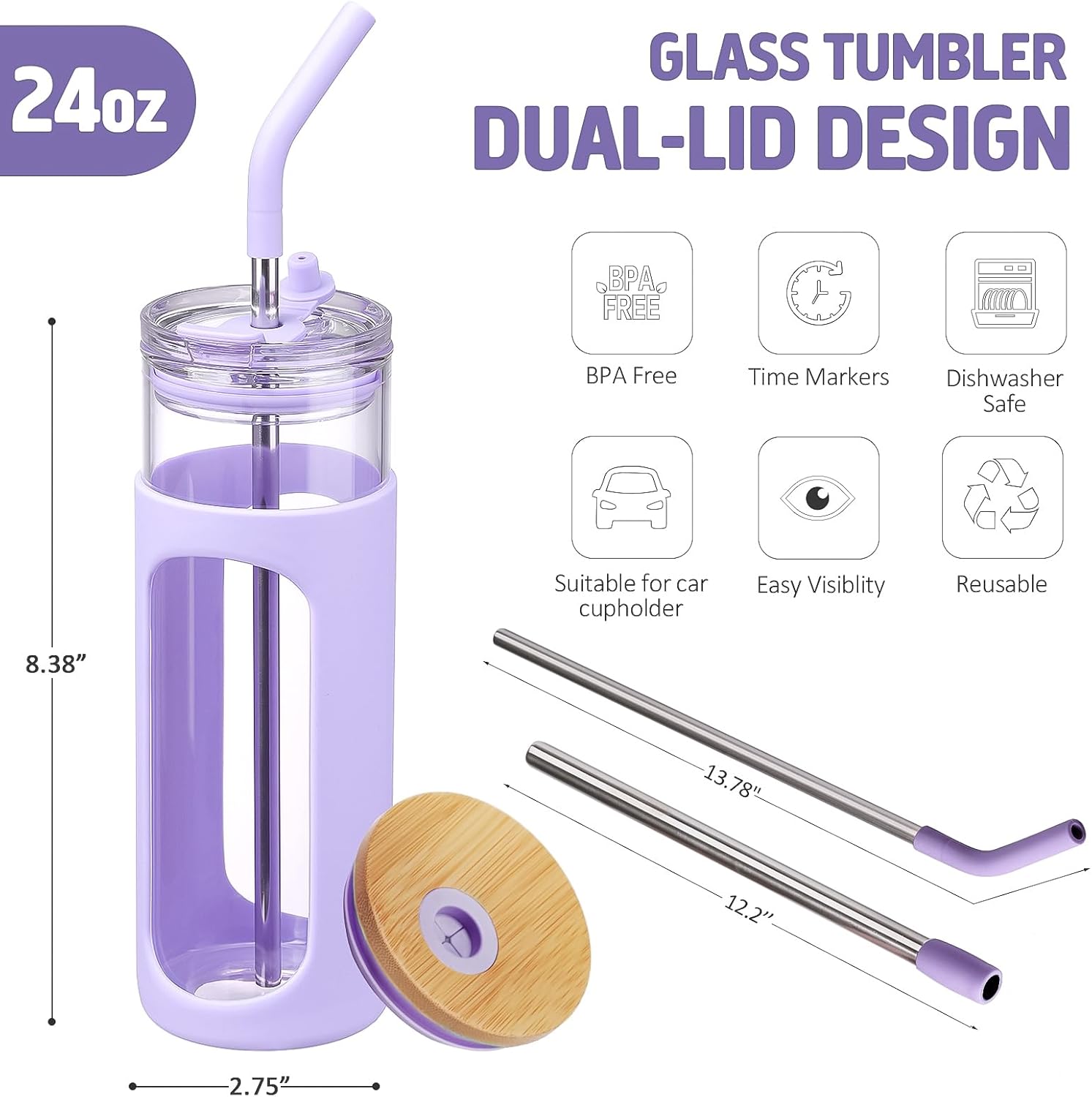 Kodrine 24oz Glass Tumbler with 2 Lids and Straws, Glass Cup With Bamboo Lid and On-the-go Lid, Reusable Iced Coffee Cup, Ideal for Smoothie, Cold Drinks, Fit Cup Holder, BPA Free (1, Purple)