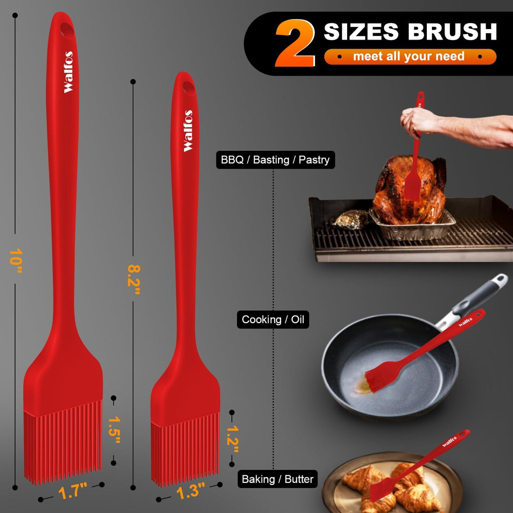 Walfos Silicone Basting Pastry Brush, Heat Resistant Pastry Brush Set, Strong Steel Core and One-Pieces Design, Perfect for BBQ Grill Baking Kitchen Cooking, BPA Free and Dishwasher safe, 2 Pcs (red)