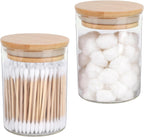 2 Pack Glass Qtip Holder Dispenser Set - Apothecary Jars with Lids for Vanity Makeup Organizer - Bathroom Canister Storage Organizer for Cotton Ball, Swab, Round Pads,Floss