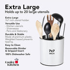 Rotating Extra Large Stainless Steel Utensil Holder Caddy with Sturdy No-Tip Weighted Base, Removable Divider, and Gripped Insert Bottom - Dishwasher Safe Metal Cooking Utensil Holder (White)