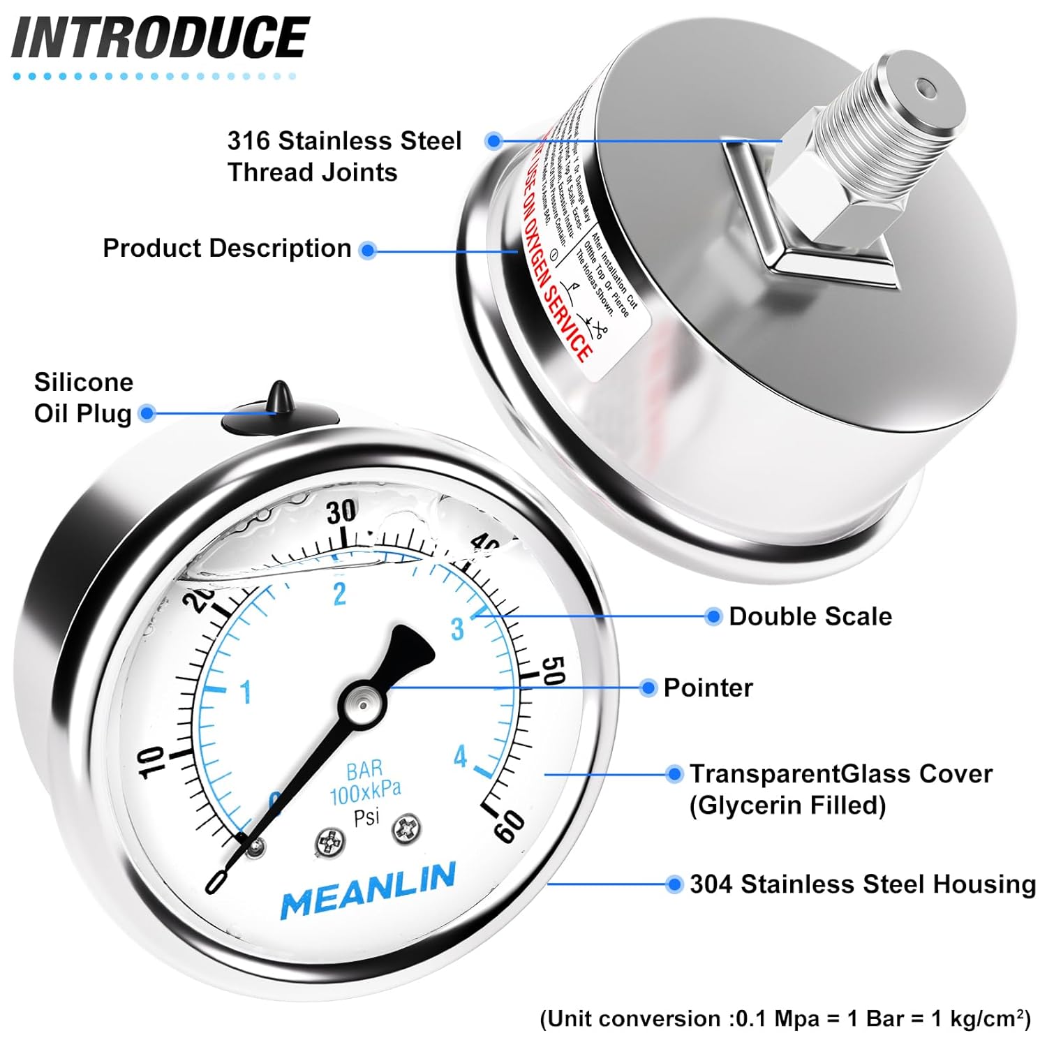 MEANLIN MEASURE 0~60Psi Liquid Filled Pressure Gauge Stainless Steel with 316 Stainless Steel Joint 1/4" NPT 2.5" FACE DIAL for Pool Filter Pump Water Oil Air Compressor Center Back Mount