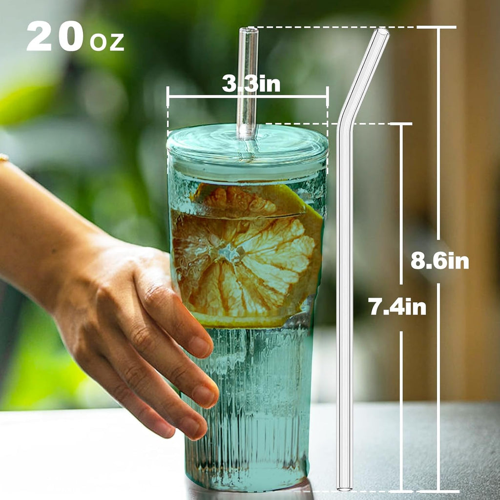 Glass Coffee Cups with Lids and Straws, 20 OZ Green Iced Water Glasses Tumblers for Ice Juice, Tea, Milk, Smoothie and Cold or Hot Drinks, Set of 2