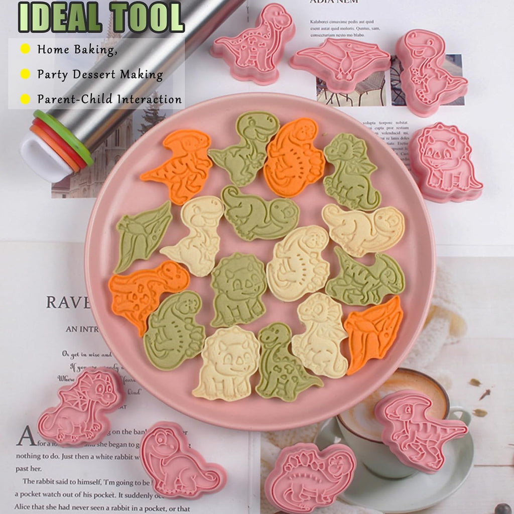 8 Pcs Dinosaur Cookie Cutters Set Baking Molds 3D Dinosaur Press type Cookie Cutter for Baking, Fondant, Cheese, and Pastries