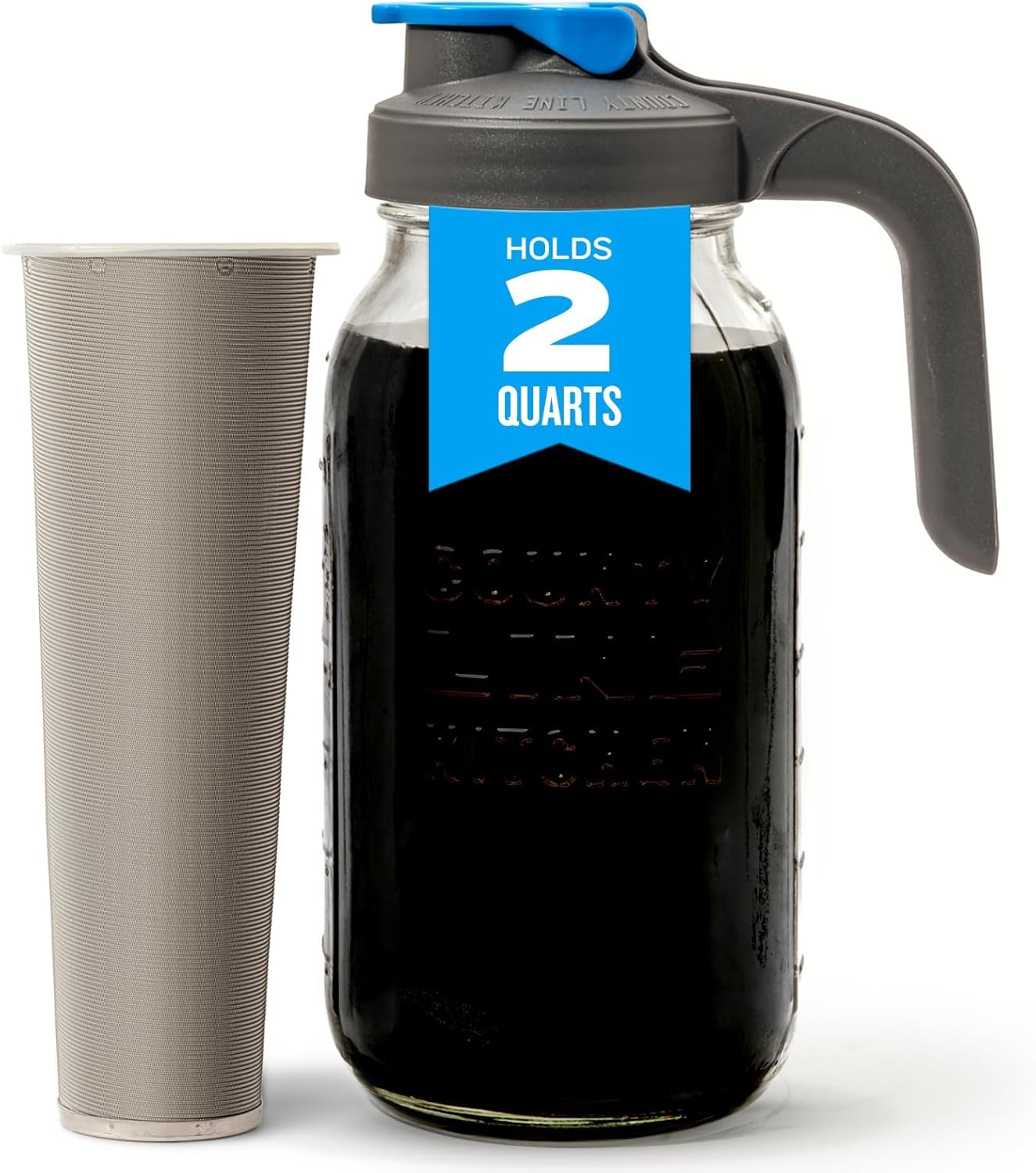 County Line Kitchen Glass Cold Brew Coffee Maker with Lid - Wide Mouth, 2 Quart (64 oz) - Heavy Duty, Leak Proof - Sun & Iced Tea Pitcher, Cold Brew Coffee, Breast Milk Storage, Water - Gray