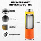 Insulated Water Bottle 20 oz, Triple Wall Vacuum Stainless Steel (Cold for 48 Hrs), Leak Proof & Non-BPA, Kids Water Bottle Jug for School with Straw Spout Lids, Ombre Orange
